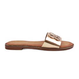 Tongs pour femmes avec décoration en cuir écologique sur talon plat, doré Sadria