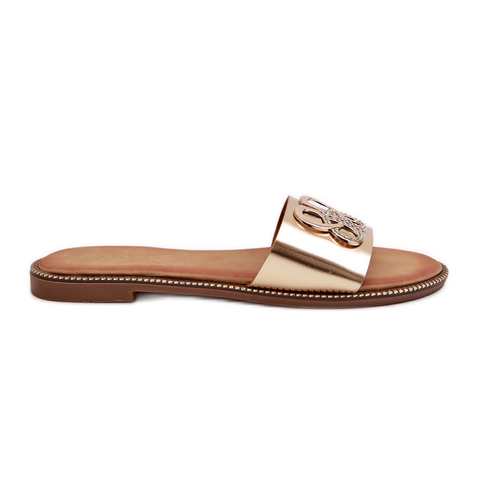 Tongs pour femmes avec décoration en cuir écologique sur talon plat, doré Sadria d'or