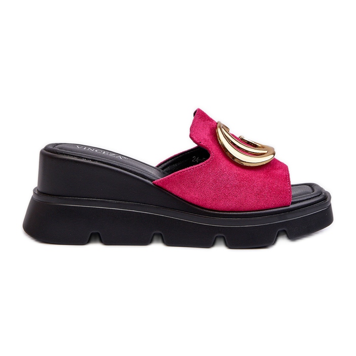 Vinceza Tongs pour femmes en suède écologique sur une semelle compensée et une plateforme avec décoration dorée Fuchsia Iaria rose
