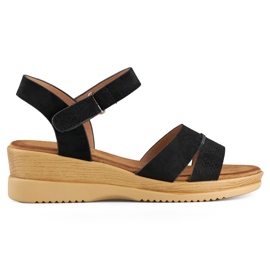Sandales compensées en daim noir, sandales confortables pour femmes le noir