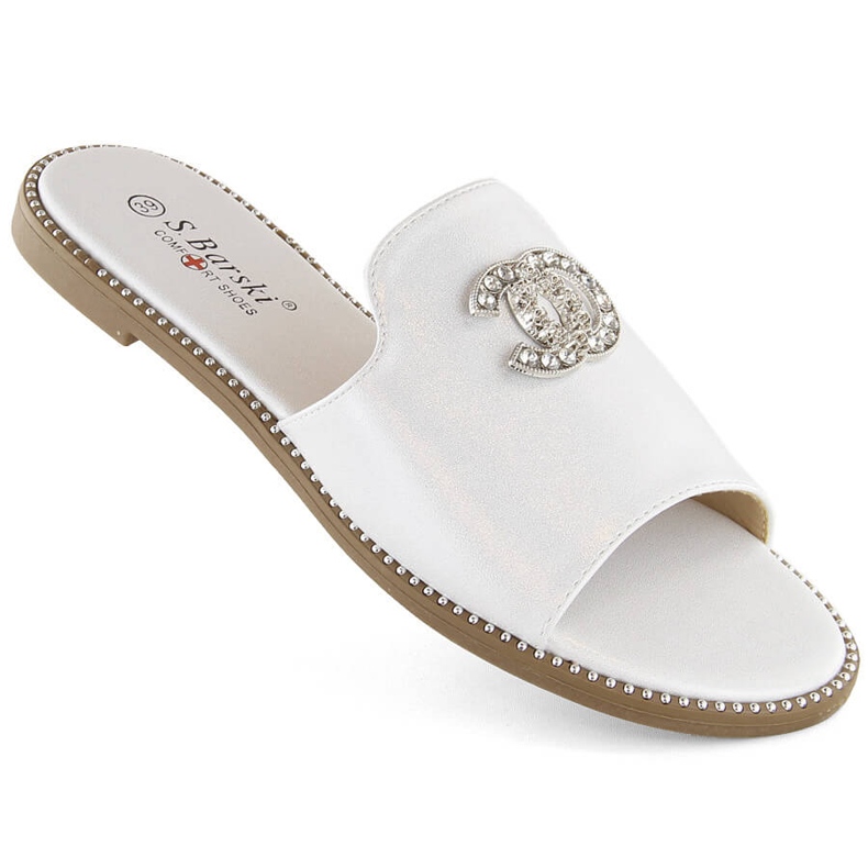 Tongs confortables pour femmes avec zircons, blanches S.Barski 050