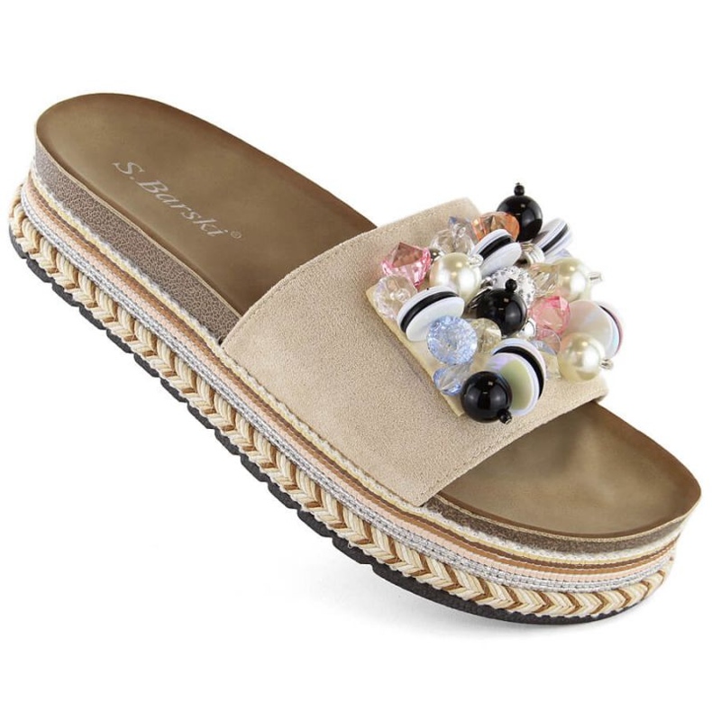 S.Barski W OLI260 tongs plateforme beiges avec perles