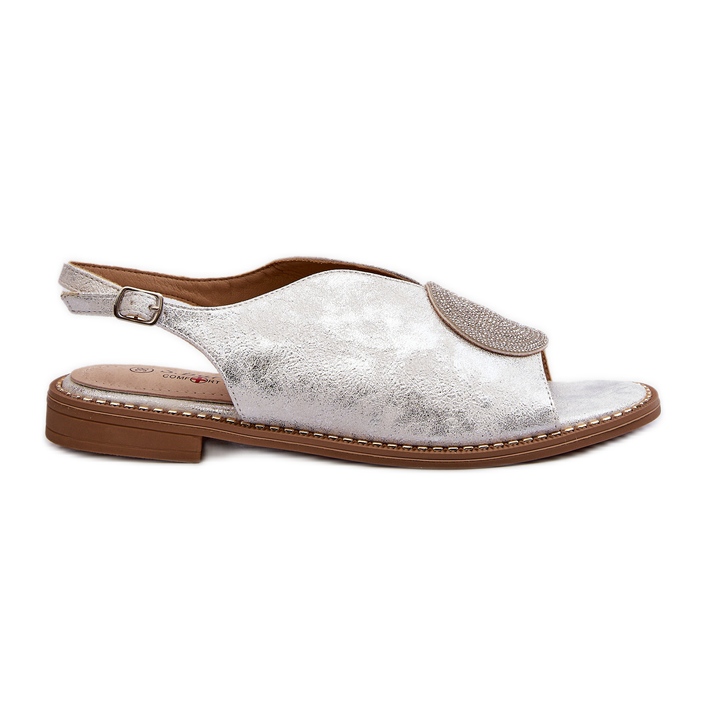 Sandales Pour Femmes Avec Décoration Sur Talons Plats S.Barski KV24-057 Argent Sandales Pour Femmes Avec Décoration Sur Talons Plats S.Barski KV24-057 Argent