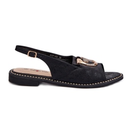 Sandales élégantes pour femmes avec décoration dorée sur talons plats, noir S.Barski KV27-053