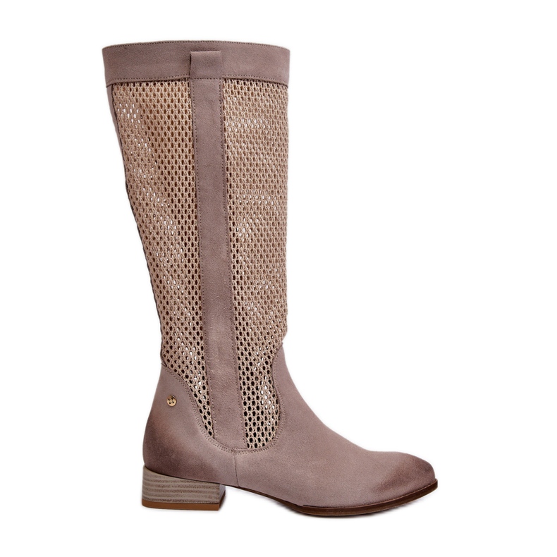 Bottes Femme Ajourées à Talons Bas En Daim Naturel Maciejka 06467-04 Beige