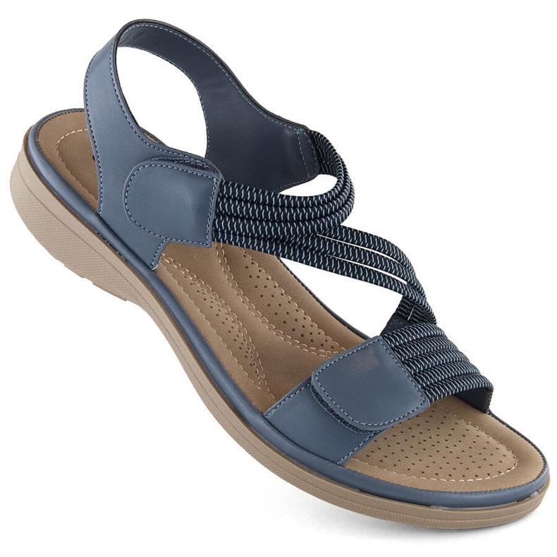 Sandales femme velcro avec bandes élastiques, bleu Sabatina Y8066-1