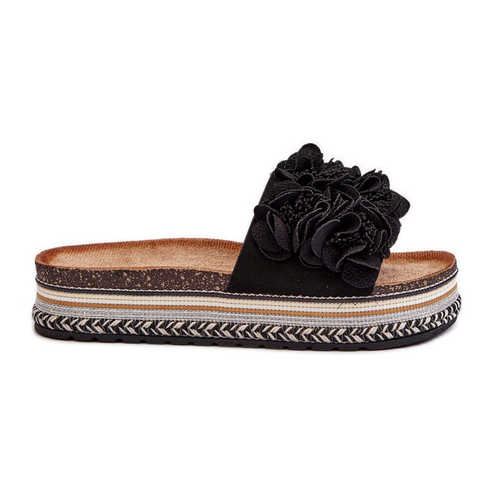 Tongs à plateforme pour femmes décorées de fleurs, noir Nodina le noir