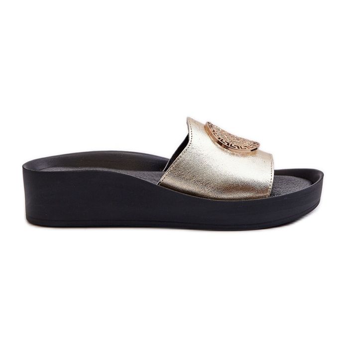 Zazoo 2920 Tongs compensées en cuir pour femme avec détail doré Doré d'or