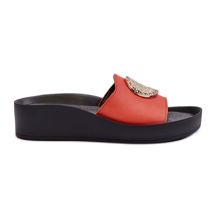 Zazoo 2920 Tongs compensées en cuir pour femme avec détails dorés, orange