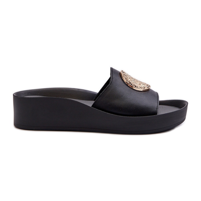 Zazoo 2920 Tongs compensées en cuir pour femme avec détails dorés Noir le noir