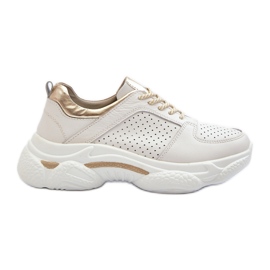 Baskets En Cuir Pour Femme à Semelle Épaisse Blanc et Doré Dzumati