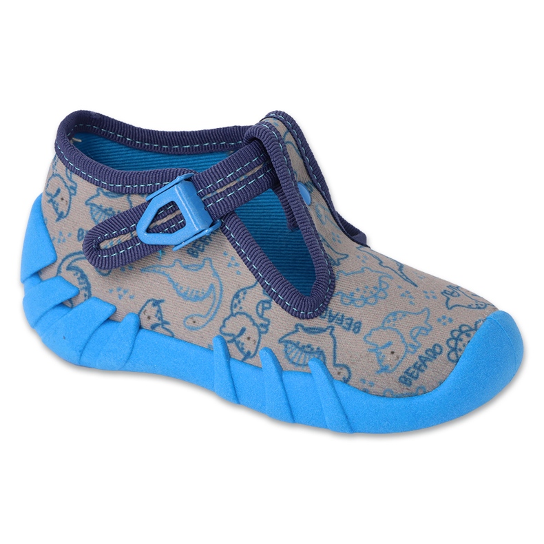 Chaussons enfant Befado avec fermoir 110N497, gris et bleu