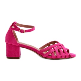 Sandales en daim écologique pour femmes à talons bas Fuchsia Monsha rose