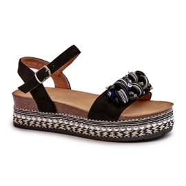 S.Barski Sandales féminines en coin et plate-forme avec décorations S. Barski Hy056 Black le noir