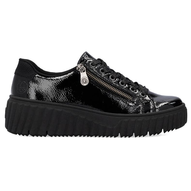 Chaussures compensées femme en cuir verni noir Rieker N2501-00 le noir