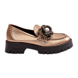 Mocassins Femme En Cuir Décorés D'une Fleur, Doré CheBello 4520