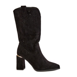 Bottes Ajourées Pour Femmes Sur Talon Haut À Bouts Pointus, Eco Daim Noir Nevithra