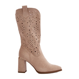 Bottines Ajourées Pour Femme Sur Talon Haut Bout Pointu, Eco Daim Beige Nevithra
