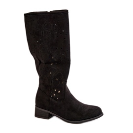 Bottes Femme Ajourées Sur Talons Bas En Daim Eco Fermeture Zippée Orchidées Noires le noir