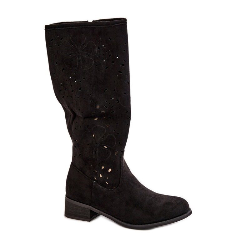 Bottes Femme Ajourées Sur Talons Bas En Daim Eco Fermeture Zippée Orchidées Noires le noir