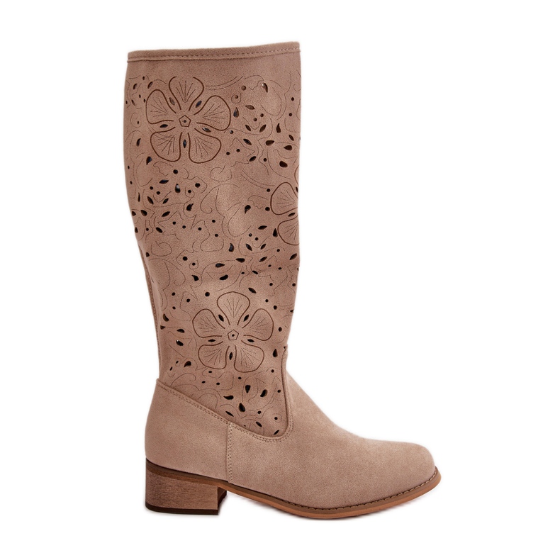 Bottes Femme Ajourées Sur Talons Bas Eco Daim Fermeture Zippée Orchidées Beiges