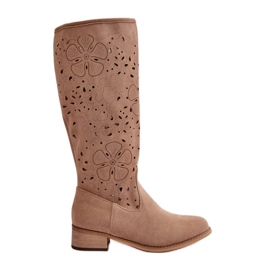 Bottes Femme Ajourées Sur Talons Bas Eco Daim Fermées Par Une Fermeture Éclair Orchidées Beige Foncé