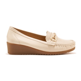 Mocassins compensés femme beiges à décor doré