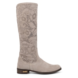 Olivier Bottines femme Emma en daim beige en cuir naturel avec fleurs en relief