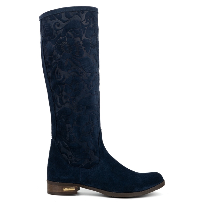 Olivier Bottines femme en daim en cuir naturel avec fleurs Emma en relief, bleu marine