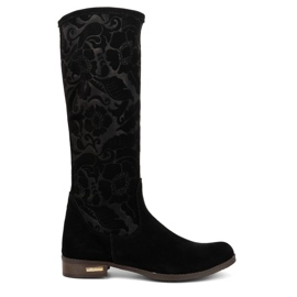Olivier Bottines femme en daim en cuir naturel avec fleurs Emma en relief, noir