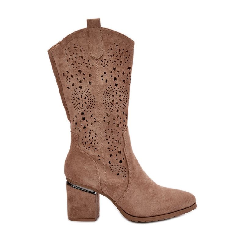 Bottines Cowboy Ajourées À Talons Hauts Femme Eco Daim Beige S.Barski HY42-028