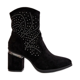 Bottines ajourées décorées pour femmes en suède écologique noir S.Barski HY42-029