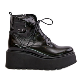 Zazoo 60499 Bottes Femme Vernies Sur Plateforme Et Compensée Cuir Naturel Chaud Vert Foncé le noir