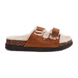 Chaussons Femme Tongs Avec Boucles et Fourrure Camel Ezilena brun