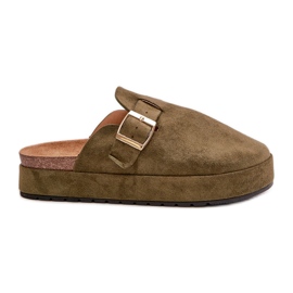 Tongs sabot plateforme pour femmes avec boucle dorée, vert foncé Terilaina