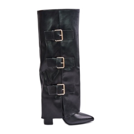 Bottines femme isolées à talon, tige retroussée et boucles, Noir Pyregonia le noir
