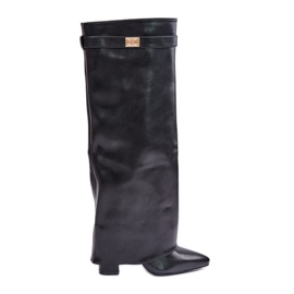 Bottes en cuir écologique pour femmes avec talon supérieur retroussé, noir Avamora