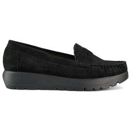 Mocassins femme noirs confortables avec une semelle épaisse et une première en cuir