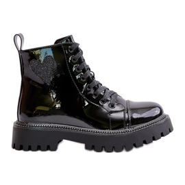 Bottines femme en cuir verni avec fermeture éclair et cœur décoratif, noir Obeena