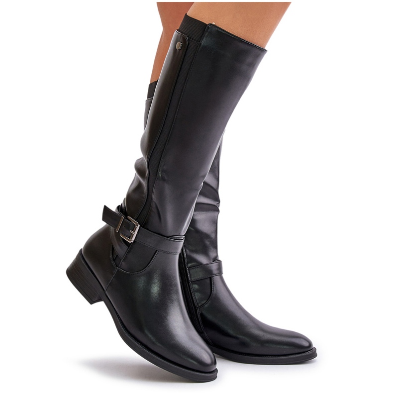Bottes isolées à talons plats pour femmes avec boucle dorée, noir Arsisna le noir