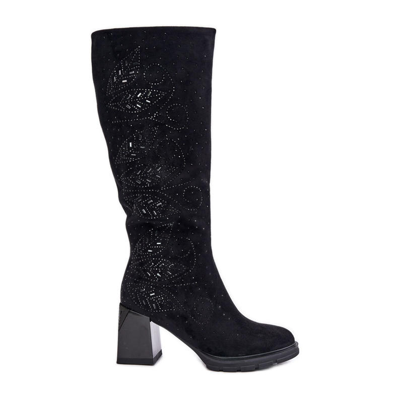 S.Barski Bottes chauffantes au genou décorées pour femmes sur talon haut MR880-158 noir le noir