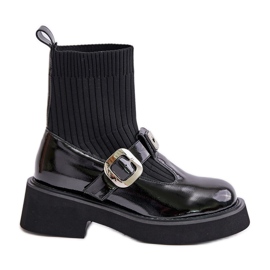 S.Barski Bottines en cuir verni avec chaussette et boucle, à enfiler MR880-076, noir