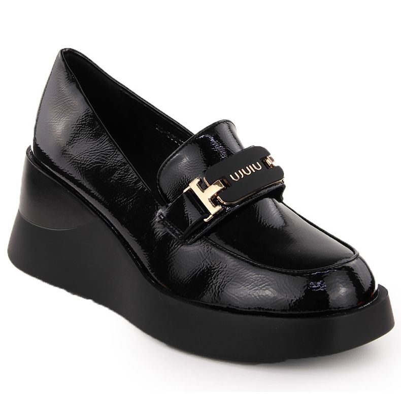 Chaussures compensées en cuir pour femmes, noires, Vinceza 58337 le noir Chaussures compensées en cuir pour femmes, noires, Vinceza 58337 le noir