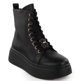 Bottines plateforme en cuir avec ours en peluche, noir Vinceza 66701