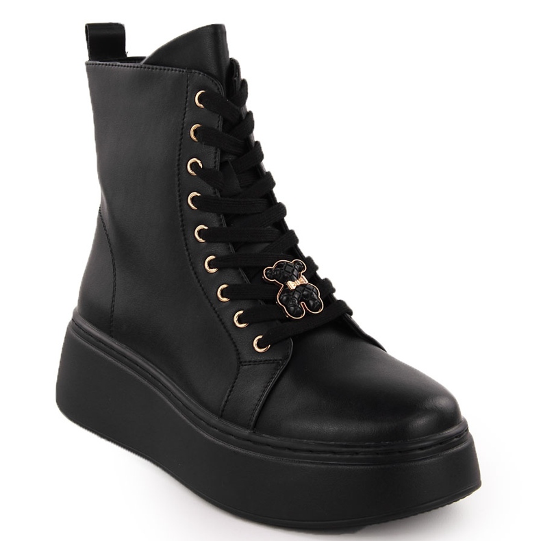 Bottines plateforme en cuir avec ours en peluche, noir Vinceza 66701 le noir