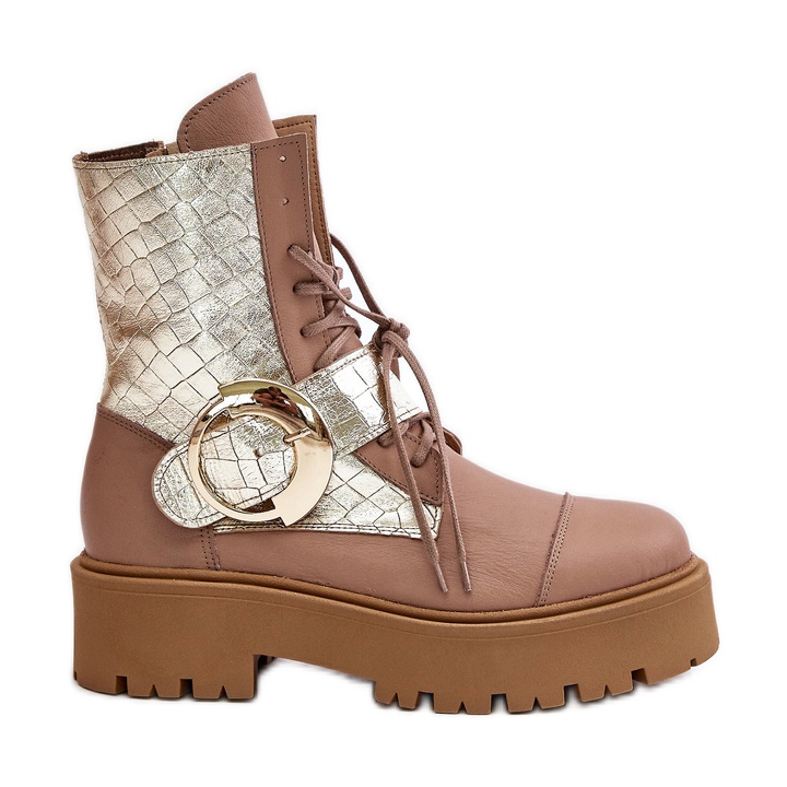 Zazoo 2942 Bottines de travail en cuir avec boucle dorée, beige