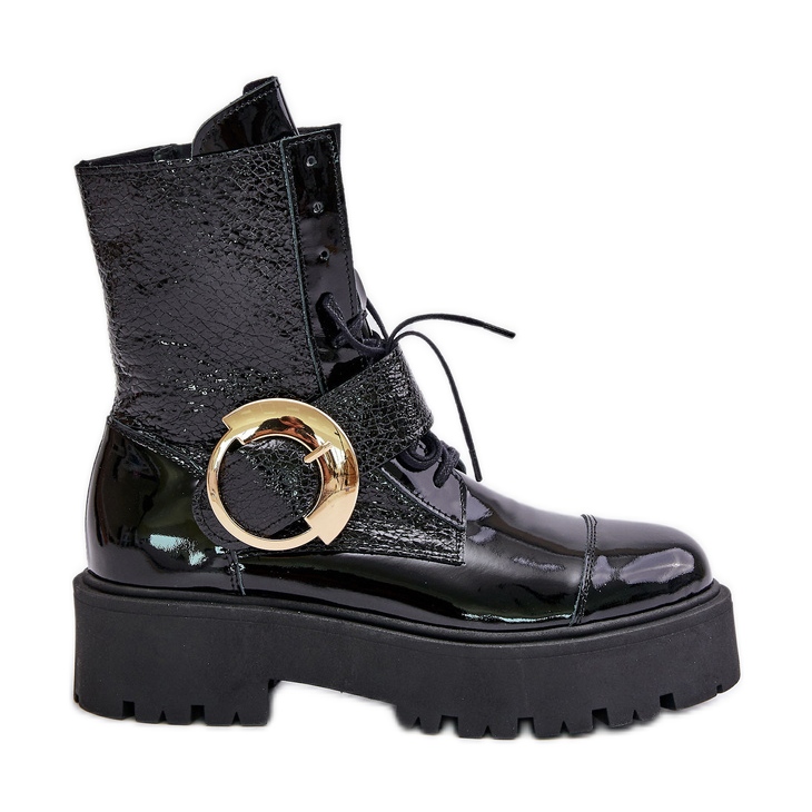 Zazoo 2942 Bottines de travail en cuir avec boucle dorée, noir le noir