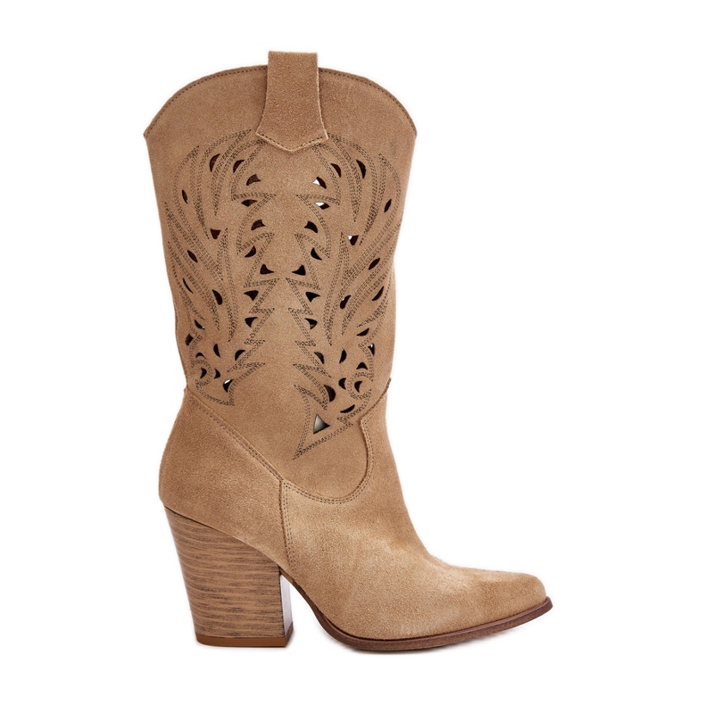 Bottines Mi-Mollet Ajourées sur Talon Haut Daim Lewski 3609 Beige