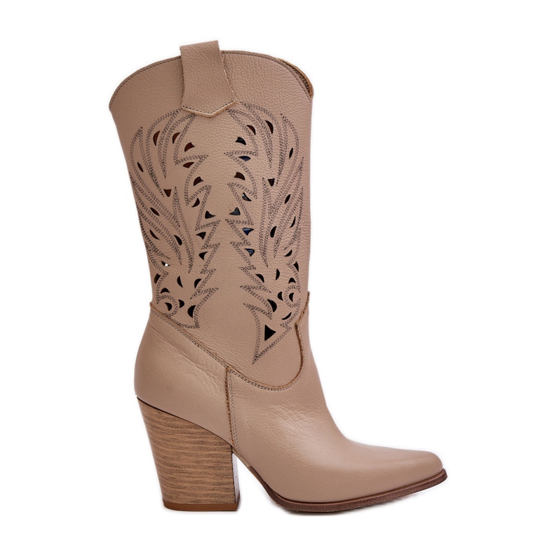 Bottines Mi-Mollet Ajourées sur Talon Haut Cuir Lewski 3609 Beige