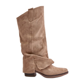 Bottes femme beiges à talons bas avec tige retroussée Stinova